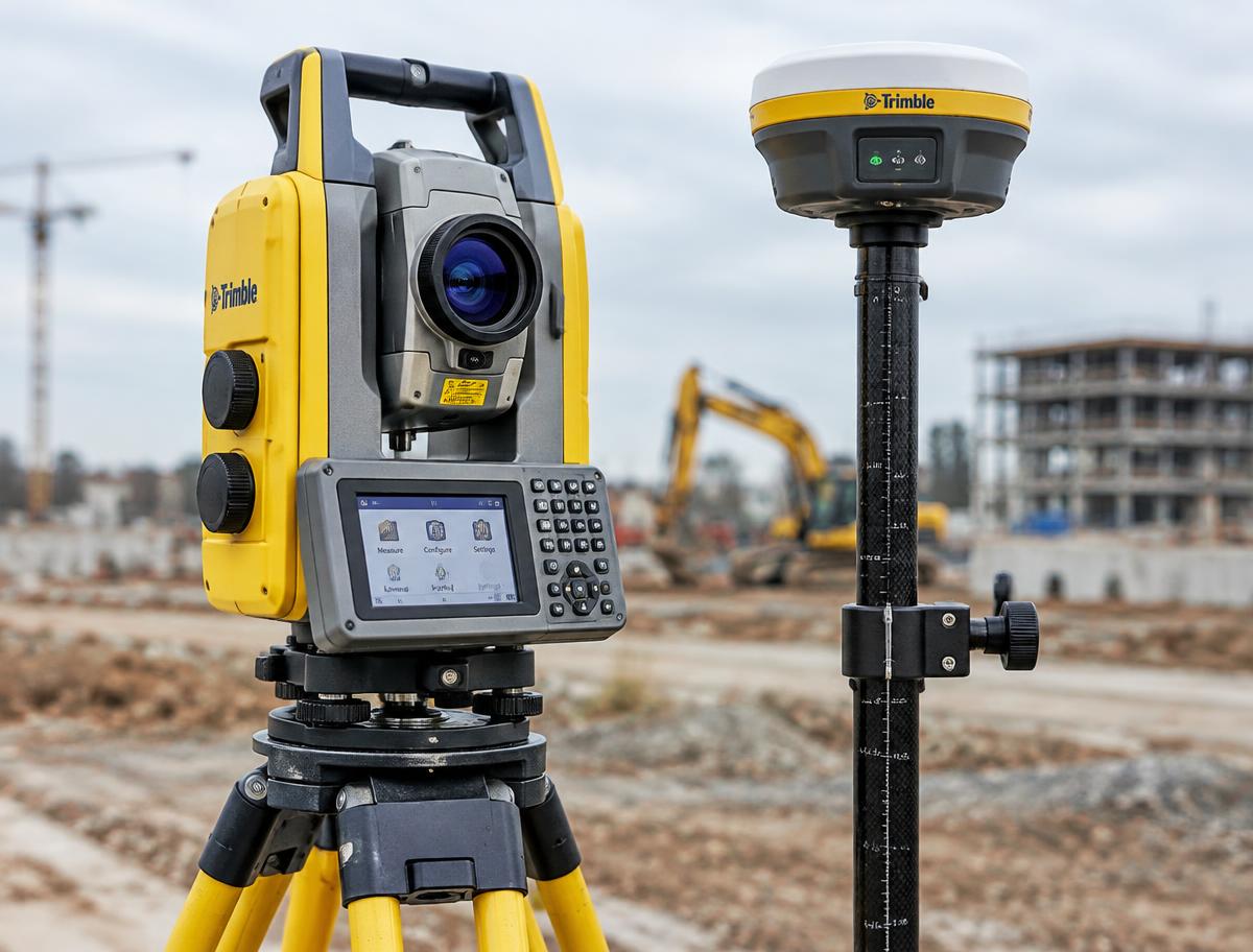 Tachimetr i odbiornik GNSS na budowie